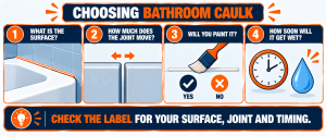 Four questions that decide bathroom caulk: surface, joint movement, painting and timing.